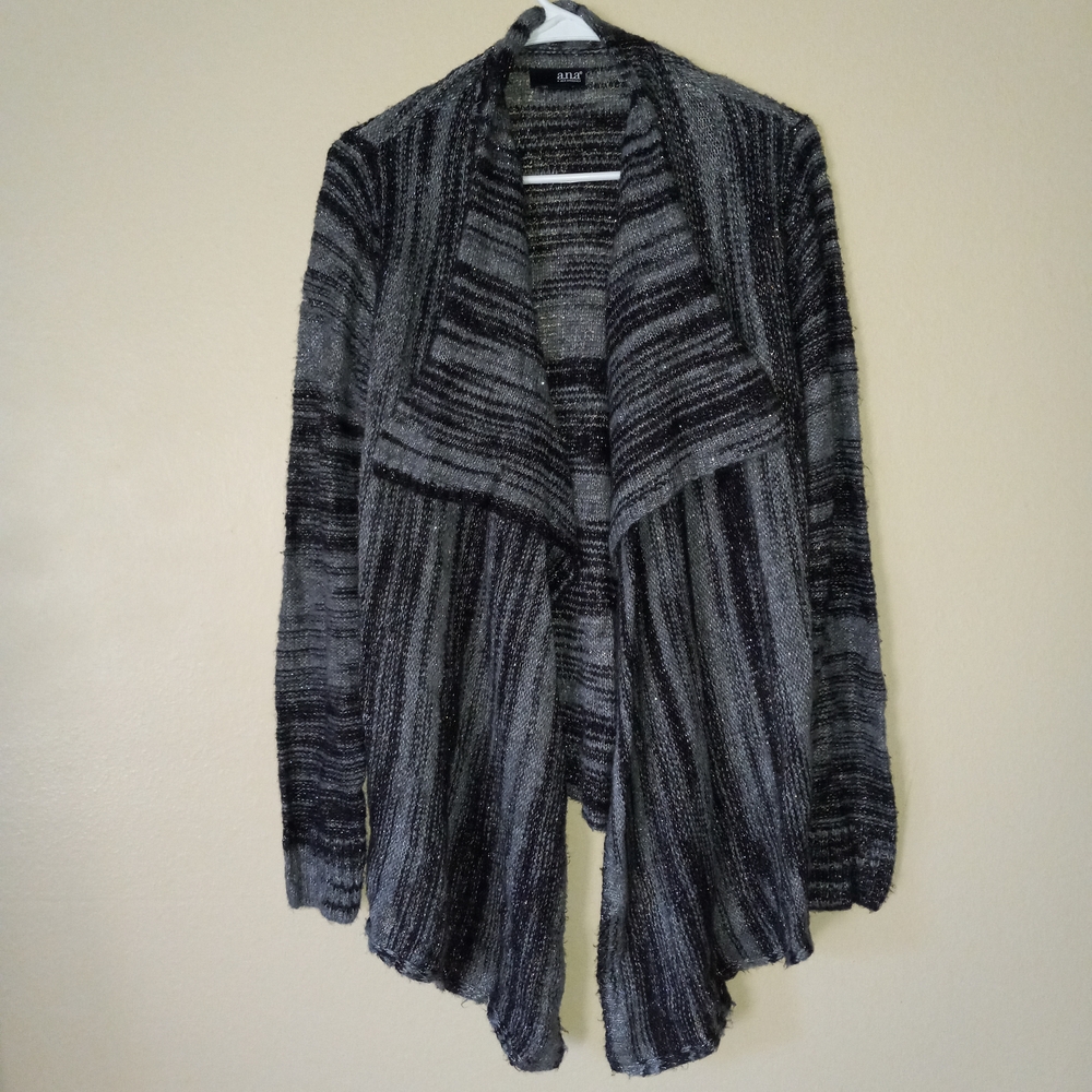 A.N.A. Black and Charcoal/Light-Grey Striped Waterfall Cardigan Women's M